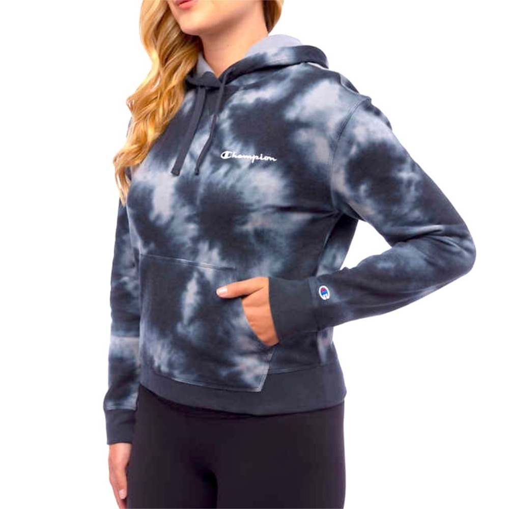 Champion Women's Black and Gray Tie-Dye Hoodie